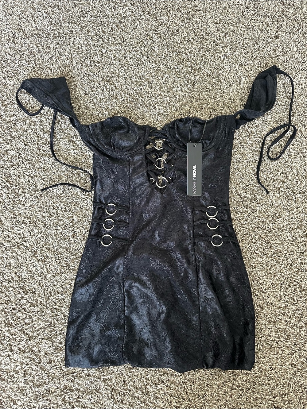 Fashion Nova Black Satin Jacquard Lace-Up Mini Dress